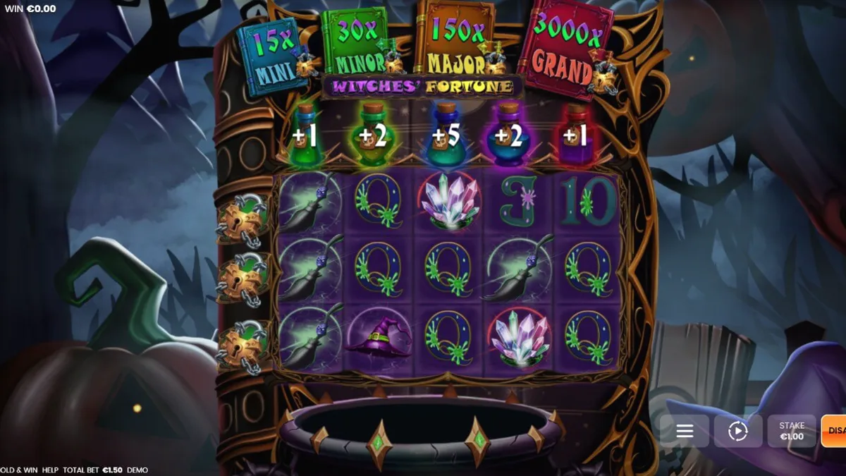 Tampilan visual slot Witches’ Fortune: Hold & Win dengan tema sihir dan kuali ajaib.
